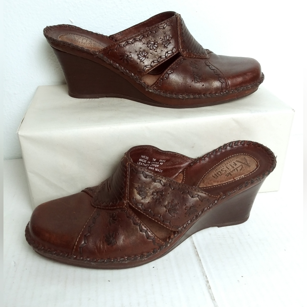 Clarks Artisan Brown Wedge Mules with Leather Finish Size 7M